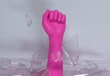 3D illustration of a pink hand with a fist gesture breaking glass ceiling.