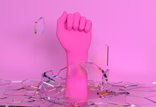 3D Illustration Of A Pink Hand With A Fist Gesture Breaking Glass Ceiling.