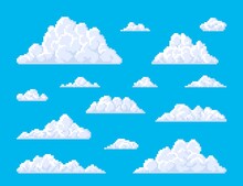 White Pixel Fluffy Bubble Clouds On Blue Sky Background. Retro Game, 8bit Pixel Art Icons Or Eight-bit Arcade Mosaic Backdrop With Square Pixels Clouds, Atmosphere Or Weather