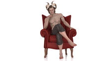 3D Render : Male Devil Character Sitting In The Red Armshair, Horror Creature Character For Halloween ,isolated