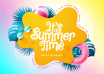 Summer time vector template design. It's summer time text in abstract foliage space with tropical elements of leaves for holiday season messages. Vector illustration.
