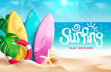 Wall Mural - summer surfing vector design. surfing text in beach seashore background with surfboards element for 