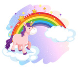 Fototapeta Dinusie - Cute unicorn standing on a cloud with rainbow