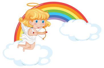 Poster - Angel girl holding bow and arrow with rainbow background