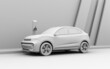 Clay model rendering pf generic Electric SUV charging at roadside charging station. 3D rendering image. 