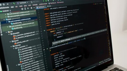 Wall Mural - coding on the screen, html encoding and programming on a laptop screen, developer, web development. 