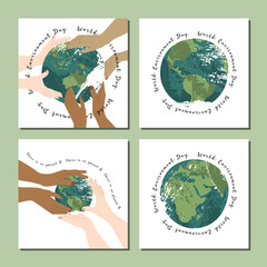 Canvas Print - World Environment Day. Happy Mother Earth Day, Earth Hour. Environment protection. Hands hold planet gently. Vector flat cartoon illustration