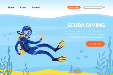 Sticker - Landing Page with Man Character in Diving Suit and Goggles Swimming Underwater Vector Template