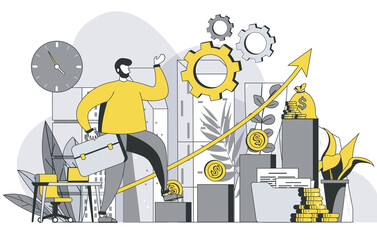 Fototapete - Career opportunities concept with outline people scene. Man is looking for new projects, invests money and increases income, achieves goals. Vector illustration in flat line design for web template
