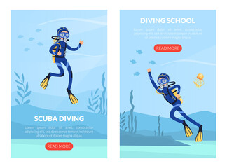 Sticker - Landing Page with Man Character in Diving Suit and Goggles Swimming Underwater Vector Template