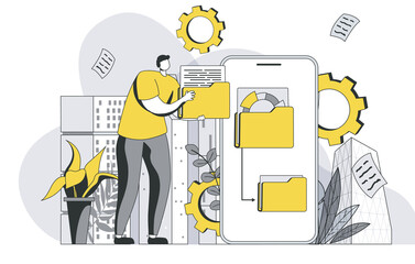 Cyberspace management concept with outline people scene. Man interacts with storage system and manages digital files, documents and data. Vector illustration in flat line design for web template