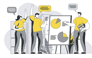 Focus group concept with outline people scene. Colleagues doing market research and studying buyers, discussing and brainstorming in meeting. Vector illustration in flat line design for web template