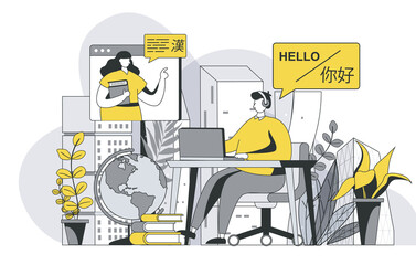 Leinwandbilder - Language courses concept with outline people scene. Man studies online with tutor and learns foreign language. Distance learning with teacher. Vector illustration in flat line design for web template