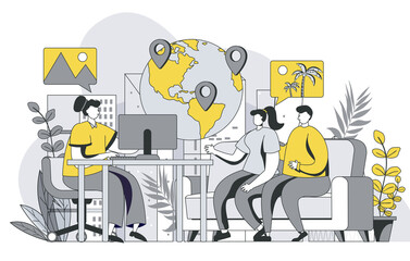 Wall Mural - travel agency concept with outline people scene. man and woman consulting with tour operator, choosi