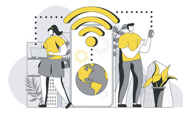 Wall Mural - wireless technology concept with outline people scene. man and woman use free internet and connect t