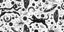Space Pattern. Seamless Boho Background With Cat, Moon. Cute Magic Print. Vintage Black White Pattern. Witch Cat Bird Galaxy Doodle Vector Illustration. Celestial Gothic Seamless. Esoteric Wallpaper