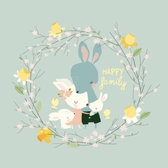 Wall Mural - Illustration of Happy Cartoon Rabbits Family with Newborn