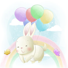 Wall Mural - cute rabbit flying into the sky with balloons and rainbow background