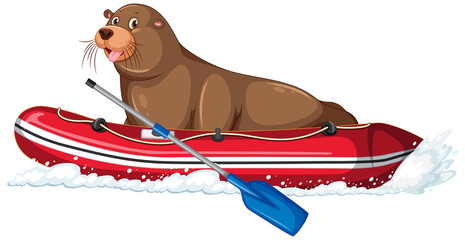 Wall Mural - Sea lion on inflatable boat in cartoon style