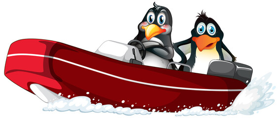 Sticker - Penguins on a speed boat in cartoon style