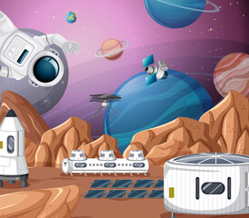 Wall Mural - Landscape of planet surface with colony buildings