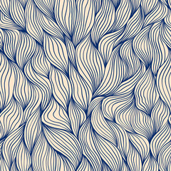 Aesthetic wavy seamless pattern. Delicate hand drawn texture with organic natural lines. Smooth abstract leaf curly print.