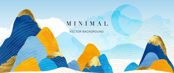 Luxury landscape background. Watercolor banner in oriental and japanese style with blue and gold mountain, moon and sky. Gold wavy line pattern design for wall decor, wallpaper, prints and interiors.
