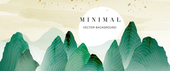 Wall Mural - luxury mountain landscape background. watercolor banner in oriental and japanese with style green mo