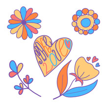 Vector Set Of Illustrations With A Flower And The Inscription Make Love, Heart, Hippie Style, World Peace. Modern Vector Illustration For Postcards, Packaging Design, Teenagers.