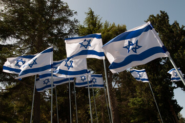 Wall Mural - Multiple, large, blue and white flags of the State of Israel rippling in the wind during the observance of Independence and Memorial day holidays at the Har Herzl military cemetery in Jerusalem.