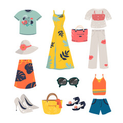 Wall Mural - Woman summer clothing vector icon set. dress, sundress, shorts, skirt, shoes, bag, T-shirt, hat, glasses, pants, blouse, sandals. Clothes collection.