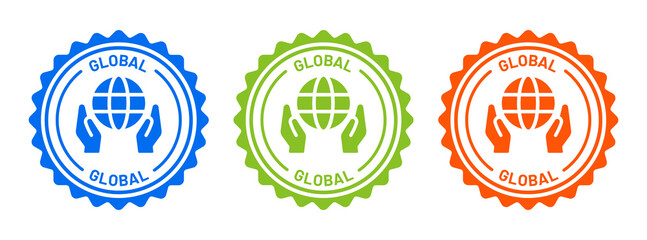 Poster - Global icon on badge design. Hand holding globe icon isolated on white background.