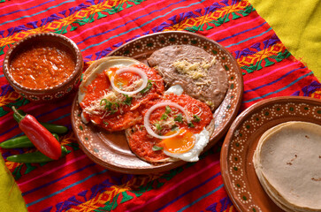 Poster - A closeup shot of traditional food with meat and vegetables served on a clay plate with tortillas