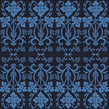 Seamless Pattern In Black Ang Blue, Vintage Victorian Floral Ornament Of Field Flowers, Scrolls And Swirls