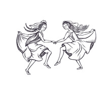 Medieval Art Of Two Middle Ages Women Dancing, Dark Ages Holiday Festival Dancers Ladies Couple