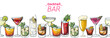 Alcoholic cocktails hand drawn vector illustration. Cocktails set. Bar menu design elements. Hand drawn collection. Horizontal seamless illustration.
