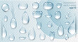 Realistic transparent water drops set. Rain drops on the glass. Isolated vector illustration