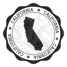 California Outdoor Stamp. Round Sticker With Map Of Us State With Topographic Isolines. Vector Illustration. Can Be Used As Insignia, Logotype, Label, Sticker Or Badge Of The California.