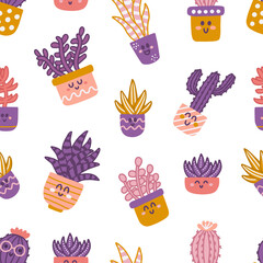 Wall Mural - Cute succulents and cacti on white background. Vector seamless pattern of indoor plants in flat hand drawn style with smiles and funny faces