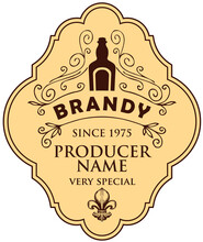 Monochrome Vector Label For Brandy With A Bottle, Curlicues And A Fleur De Lis On A Beige Background In A Curly Frame. Figured Label Or Sticker For A Hard Liquor In Retro Style Isolated On A White