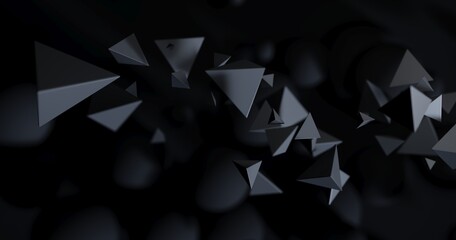 Wall Mural - polygonal objects in dark space, abstract futuristic black background design, 3d rendering