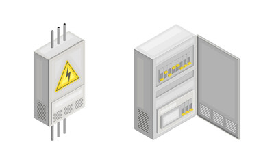 Electric power objects set. Switchboard panel, power control isometric vector illustration