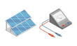 Electric power objects set. Solar panels and ammeter isometric vector illustration