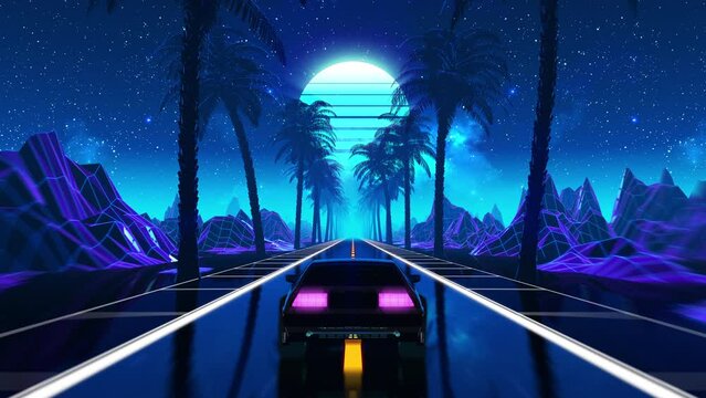 Wall Mural - 80s retro futuristic sci-fi seamless loop with vintage car. Riding in retrowave VJ videogame landscape, blue neon lights and low poly grid. Stylized cyberpunk vaporwave 3D animation background. 4K