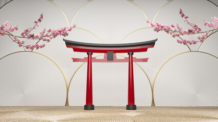 Poster - torii gates red and Cherry blossom on a white background. 3d rendering