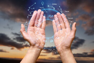 Wall Mural - zodiac signs inside of horoscope circle astrology and horoscopes concept and hands