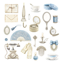 Set With Many Female Varied White And Blue Antique Things Isolated On White Background. Watercolor Hand Drawn Illustration Sketch