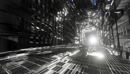 Reflective or chrome style futuristic sci-fi corridor or pathway background with exit or incoming light ahead. Abstract cyber or digital pathway concept. 3D illustration, 3D rendering.