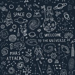 Space planets funny doodle universe objects vector seamless pattern