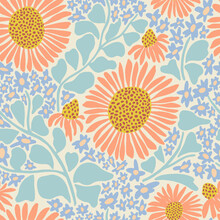 Vector Hand-drawn Retro Sunflower Illustration Seamless Repeat Pattern Fashion, Home And Kitchen Print Fabric  Design Digital Artwork